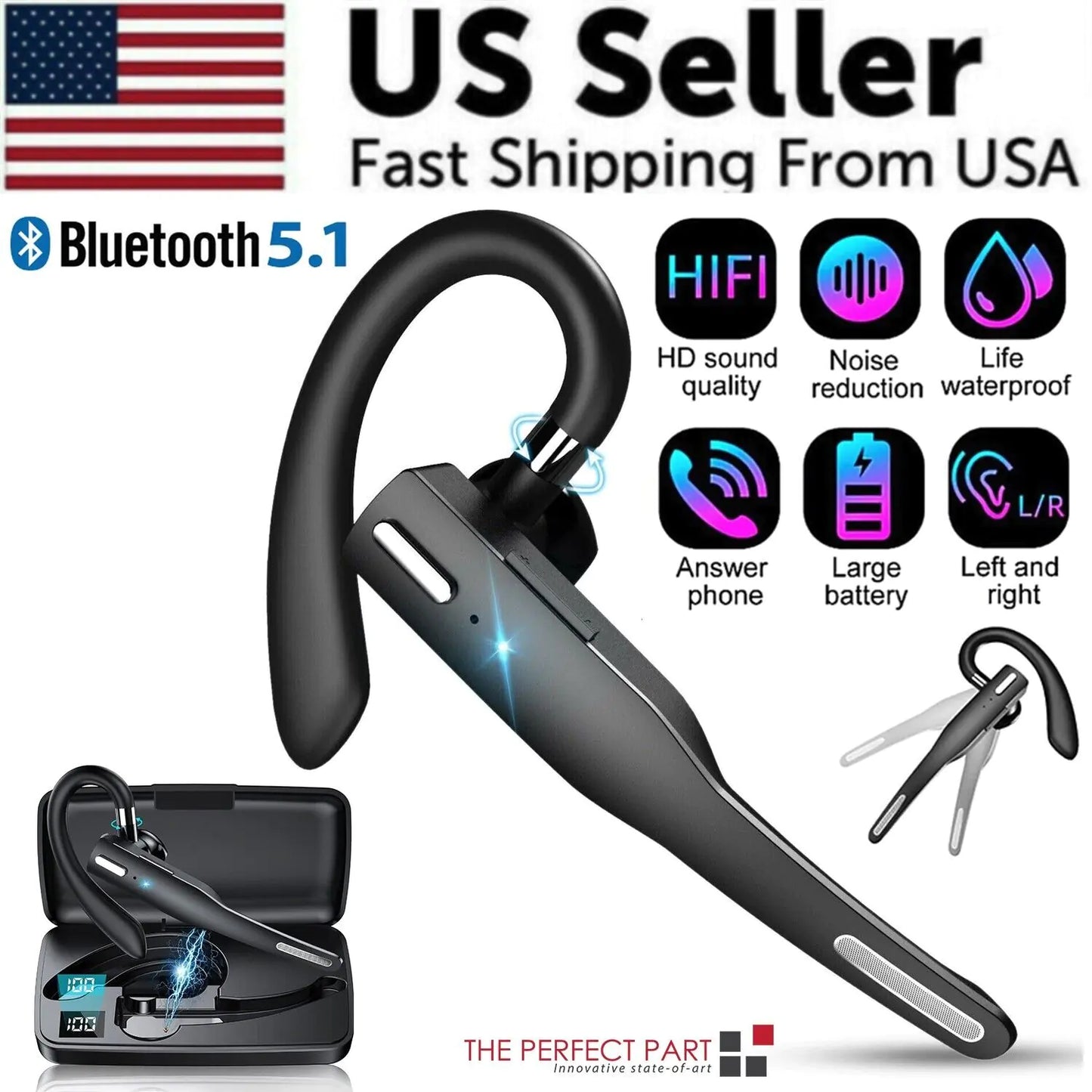 Trucker Wireless Headset Bluetooth 5.1 Earpiece Dual Mic Earbud Noise Cancelling