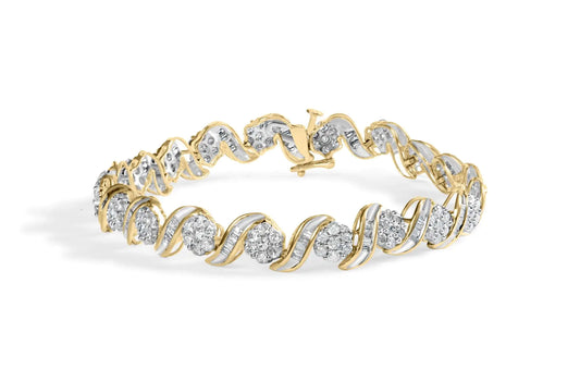 10K Yellow Gold 4.00 Cttw Diamond Floral Design Spiral Link 7.50" Bracelet (I-J Color, I2-I3 Clarity)