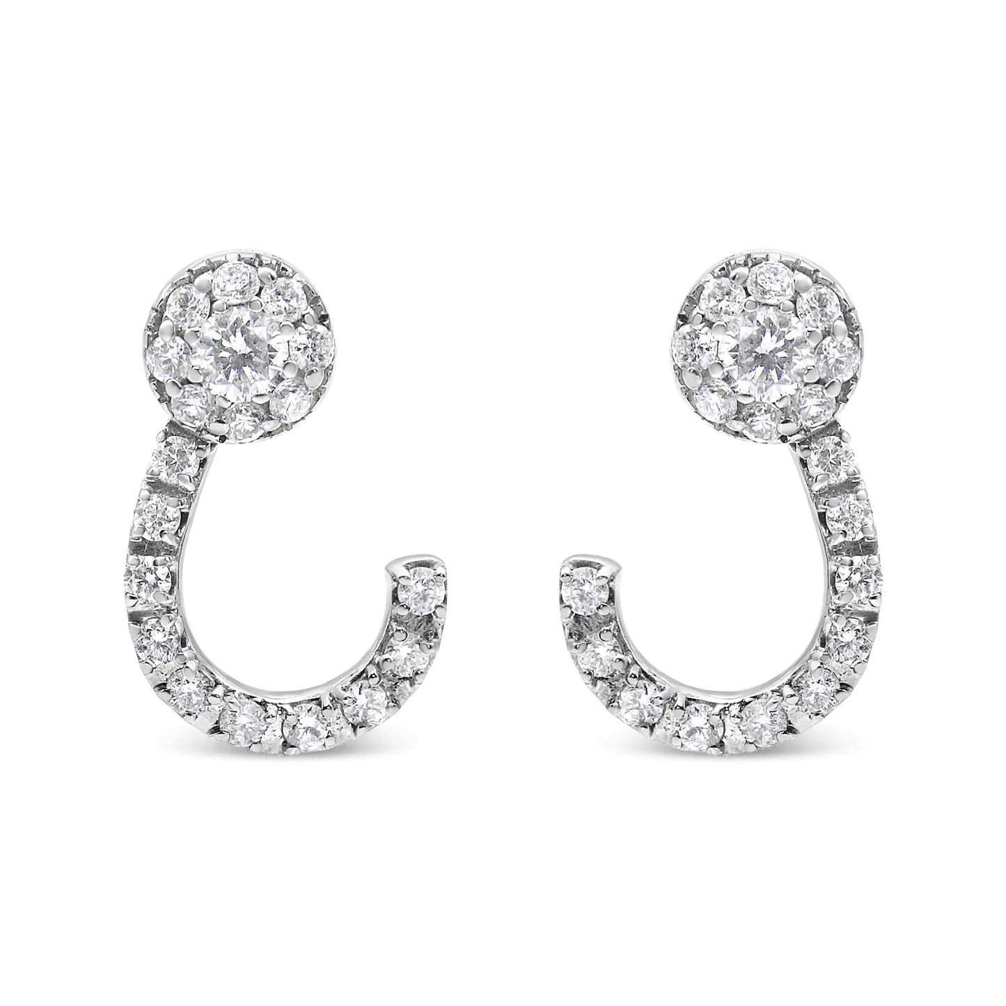 14K White Gold 1.00 Cttw Round-Cut Diamond Curved Cluster Drop Stud Earrings (G-H Color, SI1-SI2 Clarity)