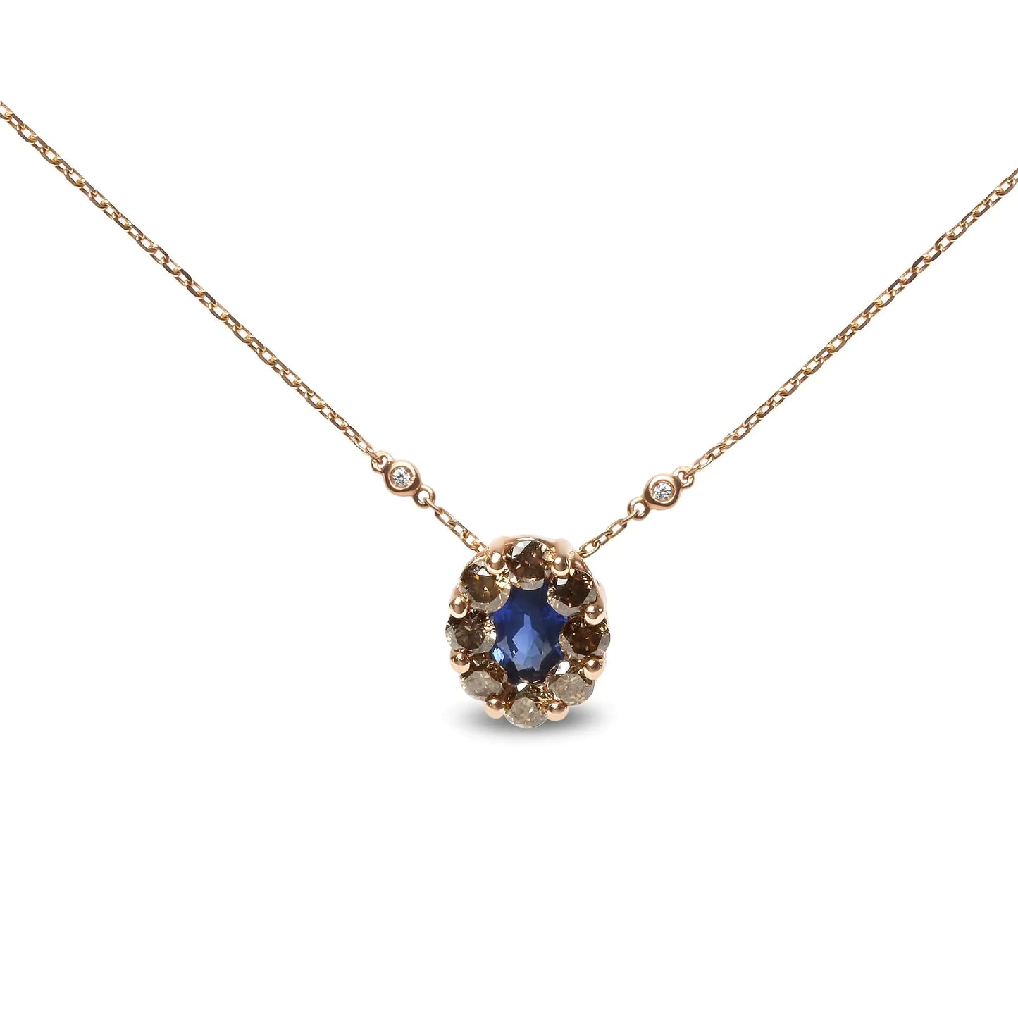 18K Rose Gold 5/8 Cttw White and Brown Diamond Accent and 7 x 4mm Oval Blue Sapphire Gemstone Statement Halo Cluster Pendant Necklace (Brown and G-H Color, SI1-SI2 Clarity) - Adjustable up to 16" - 18"