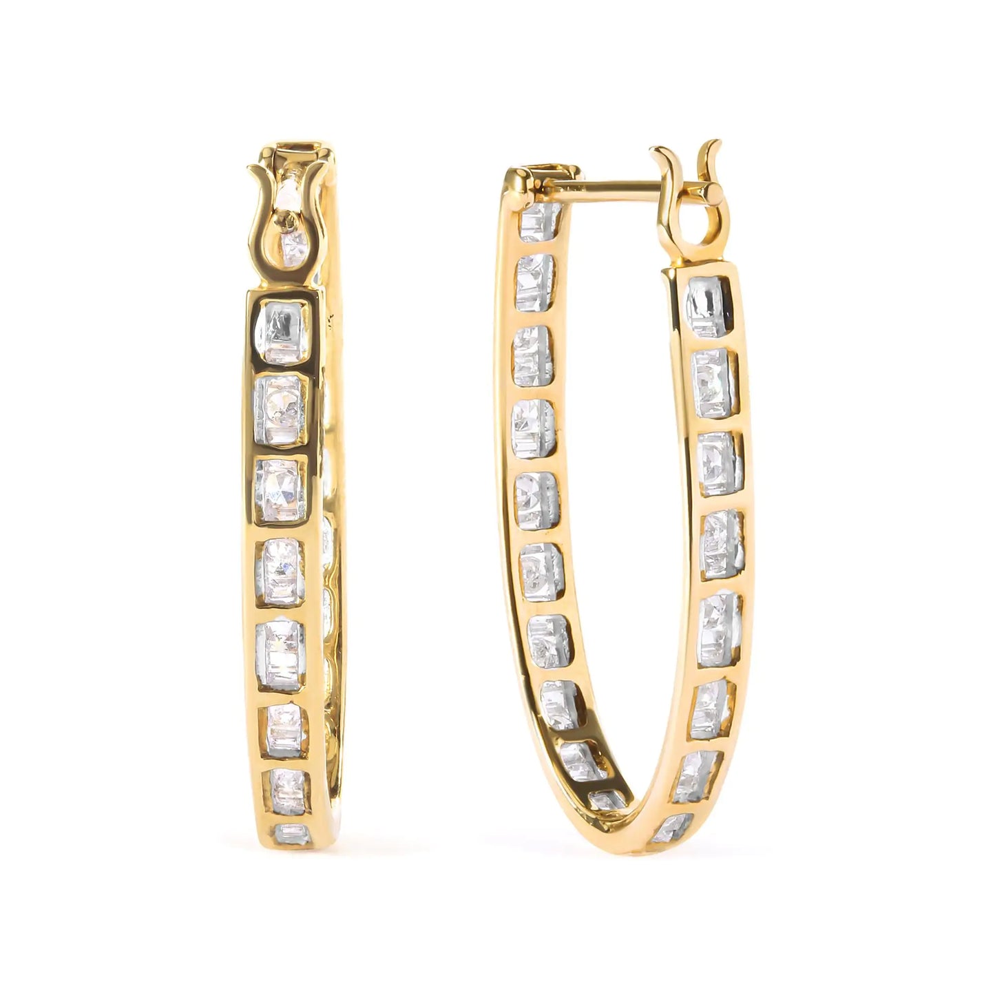 10K Yellow Gold 1.00 Cttw Round and Baguette-Cut Diamond U-Hoop Earrings (H-I Color, SI2-I1 Clarity)