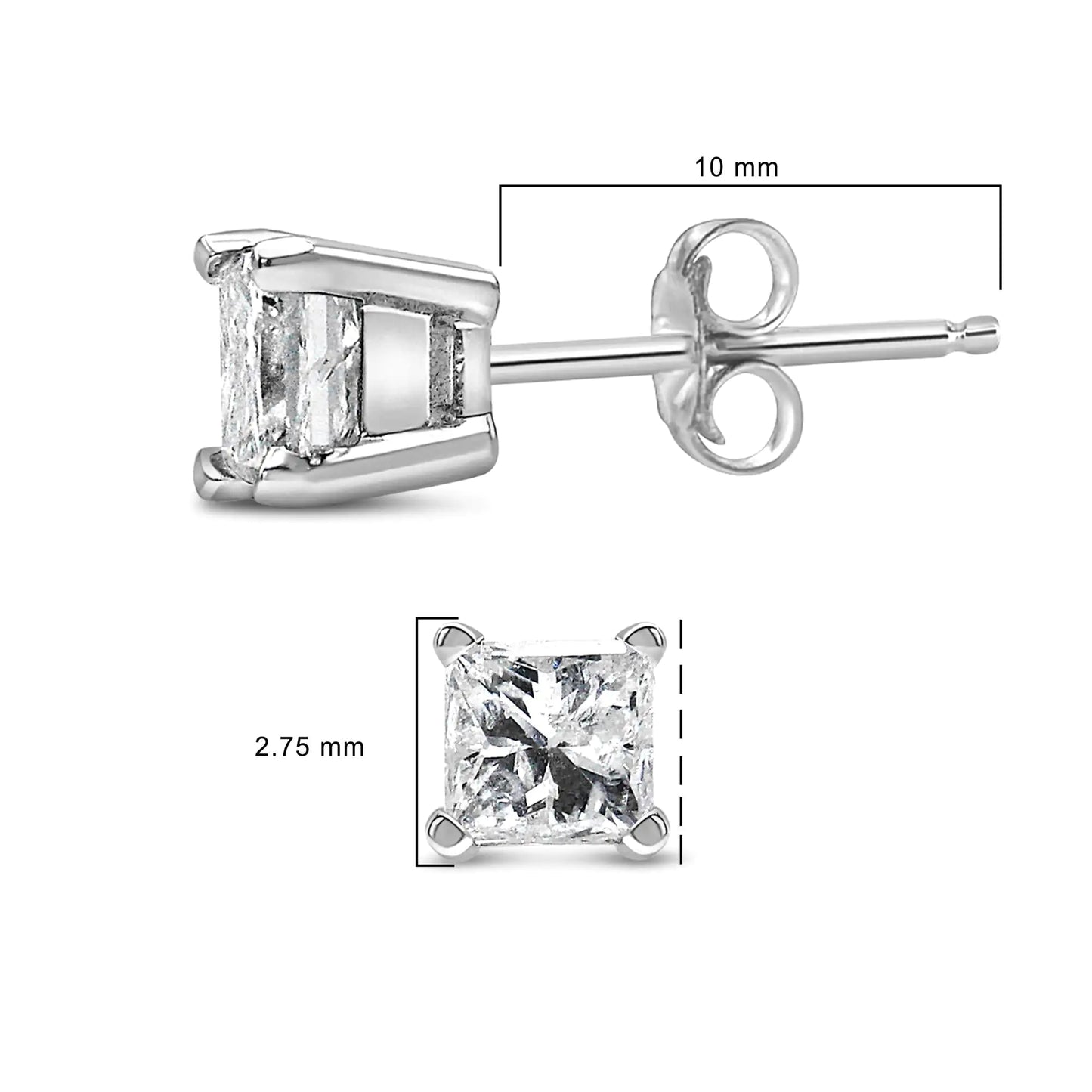 14K White Gold Princess Cut Lab-Grown Diamond Solitaire Stud Earrings (F-G Color, VS2-SI1 Clarity)