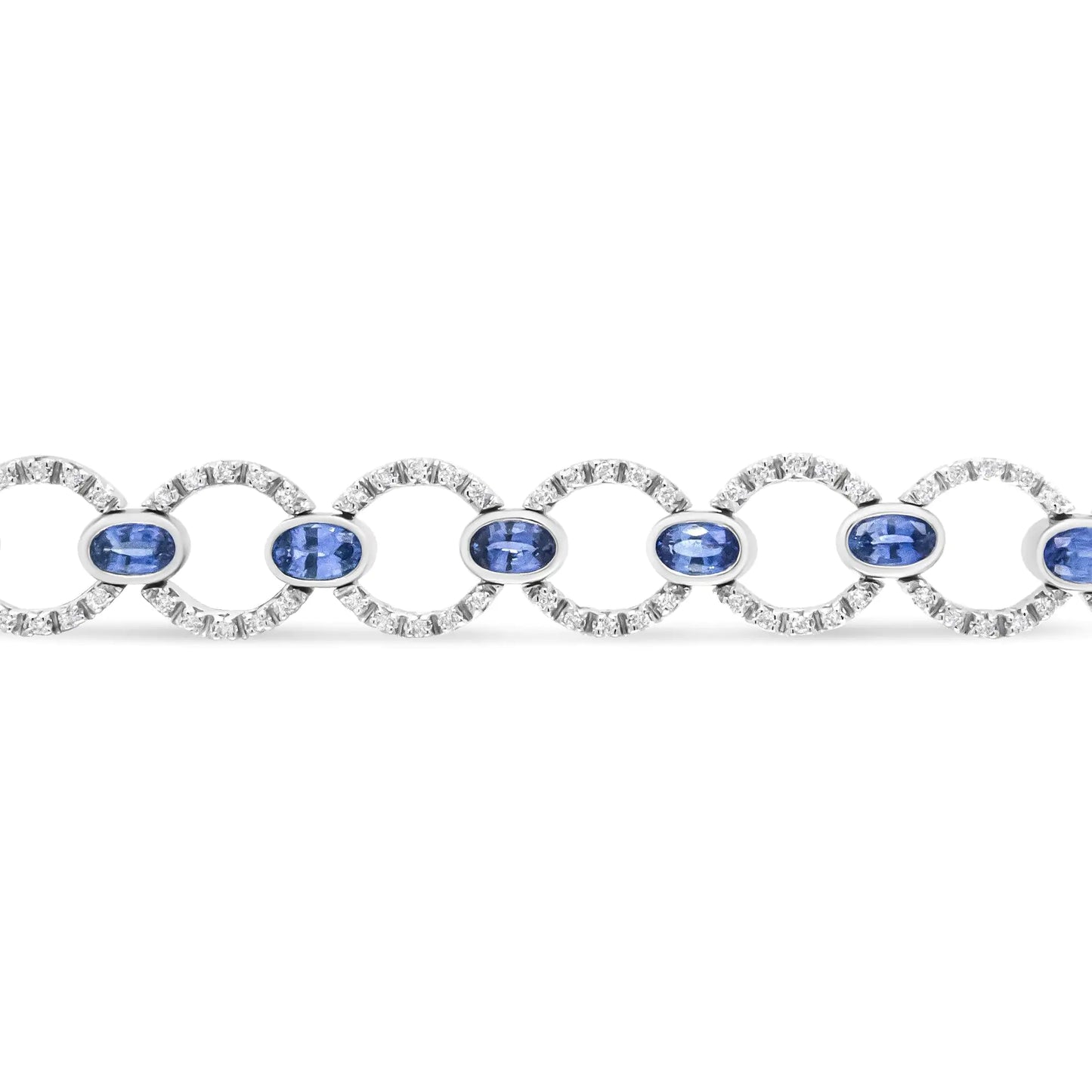 18K White Gold 6 Cttw Diamond and 5x3mm Oval Blue Sapphire Openwork Circle Link Bracelet (F-G Color, SI1-SI2 Clarity) - Size 7"