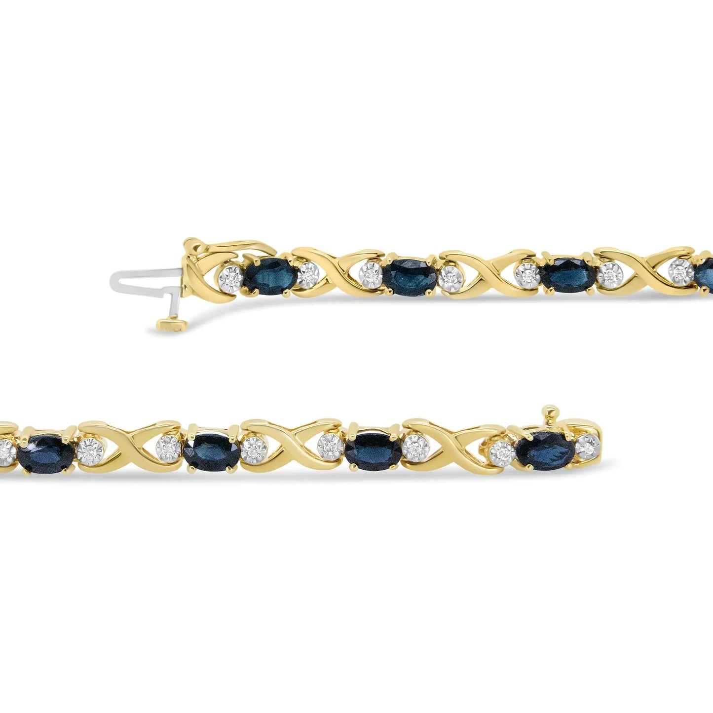 14K Yellow Gold 1 1/4 Cttw Round Diamond and 6x4mm Blue Sapphire "X" Link Bracelet (I-J Color, I1-I2 Clarity)- Size 7"