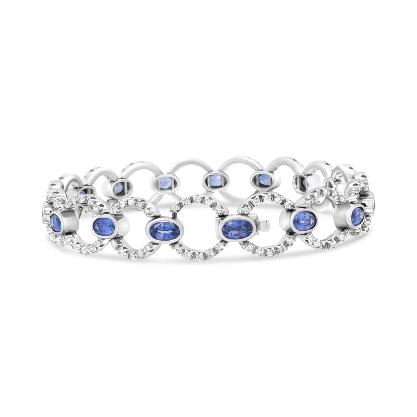 18K White Gold 6 Cttw Diamond and 5x3mm Oval Blue Sapphire Openwork Circle Link Bracelet (F-G Color, SI1-SI2 Clarity) - Size 7"