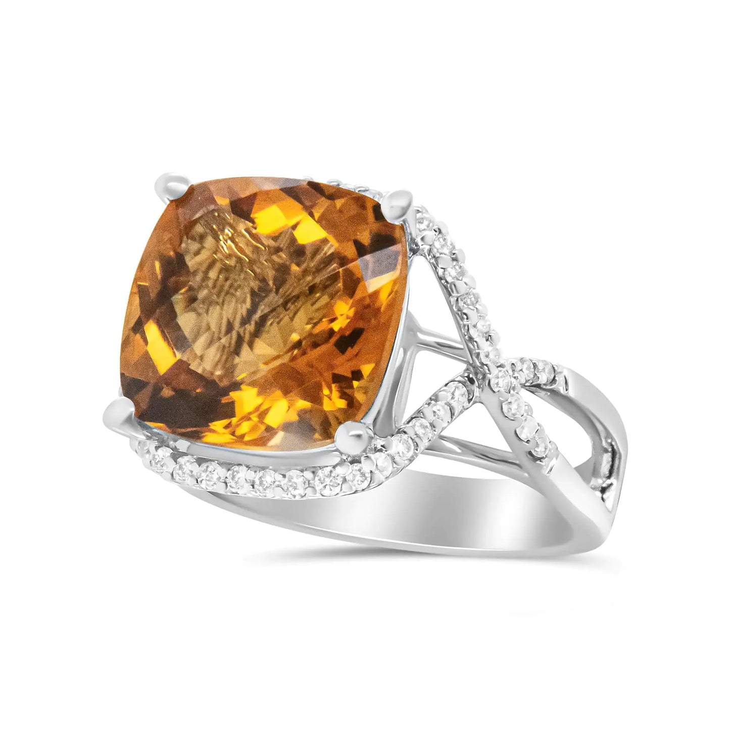 14K White Gold 12mm Cushion Cut Yellow Citrine Gemstone and 1/3 Cttw Round Pave-Set Diamond Ring - (H-I Color, VS1-VS2 Clarity)