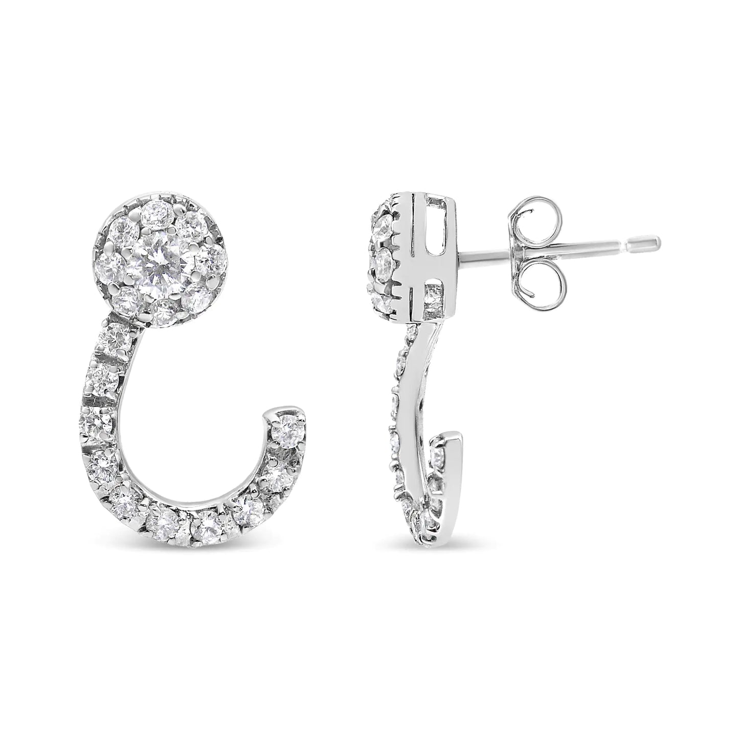 14K White Gold 1.00 Cttw Round-Cut Diamond Curved Cluster Drop Stud Earrings (G-H Color, SI1-SI2 Clarity)