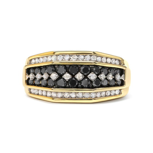 Men's 10K Yellow Gold 1 1/2 Cttw White and Black Treated Diamond Cluster Ring (Black / I-J Color, I2-I3 Clarity)