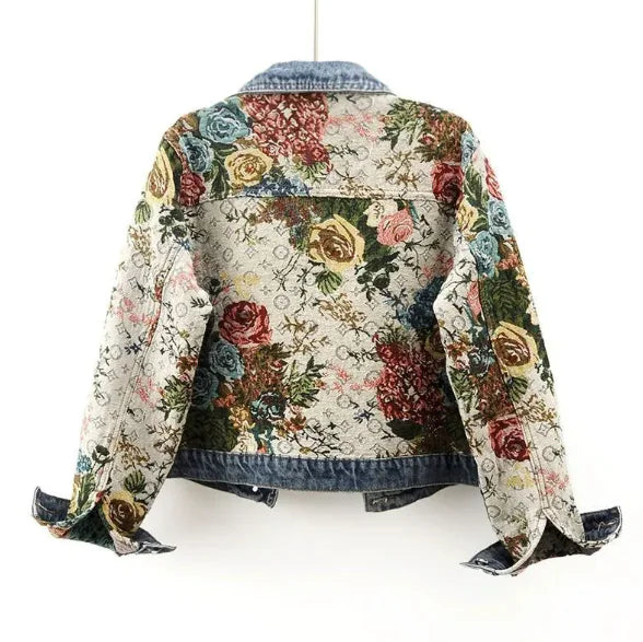 Printed Patchwork Long Sleeve Denim Coat