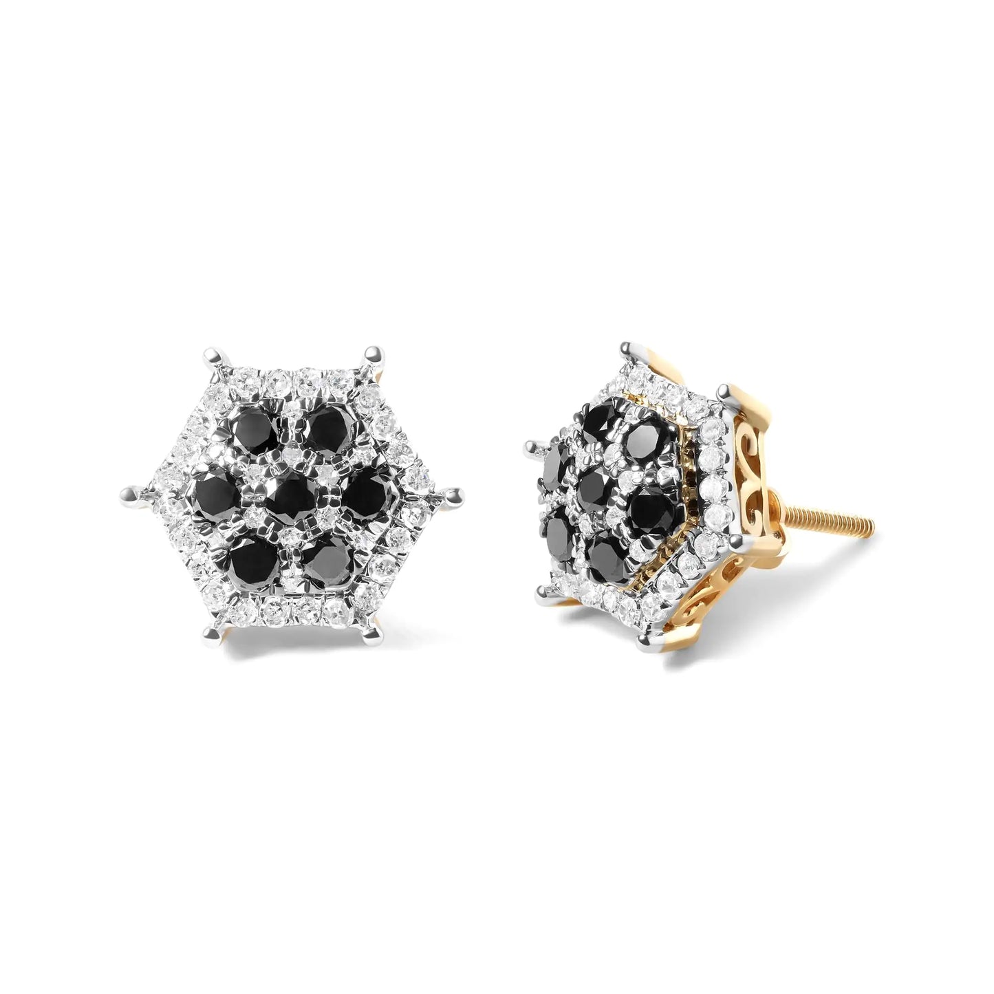 Men's 10K Yellow Gold 7/8 Cttw White and Black Treated Diamond Earring (Black / I-J Color, I2-I3 Clarity)