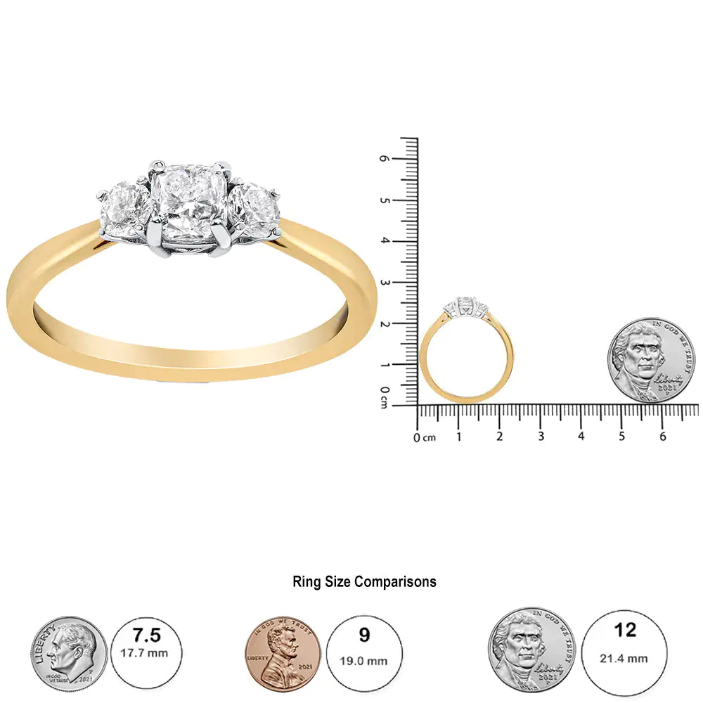 14K Yellow Gold 3/4 Cttw Cushion and Round-Cut Diamond Bostonian Style 3 Stone Engagement Ring (I-J Color, SI2-I1 Clarity)