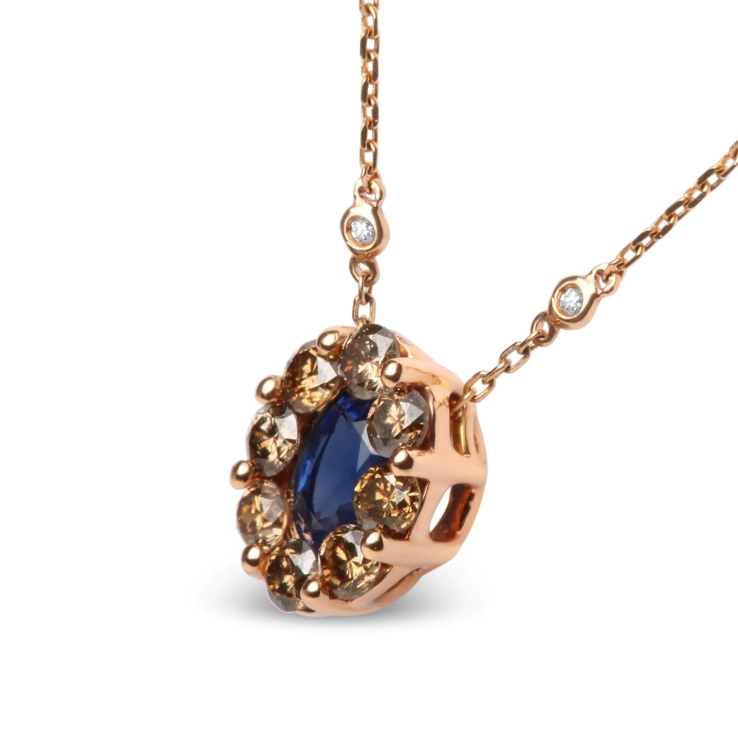 18K Rose Gold 5/8 Cttw White and Brown Diamond Accent and 7 x 4mm Oval Blue Sapphire Gemstone Statement Halo Cluster Pendant Necklace (Brown and G-H Color, SI1-SI2 Clarity) - Adjustable up to 16" - 18"