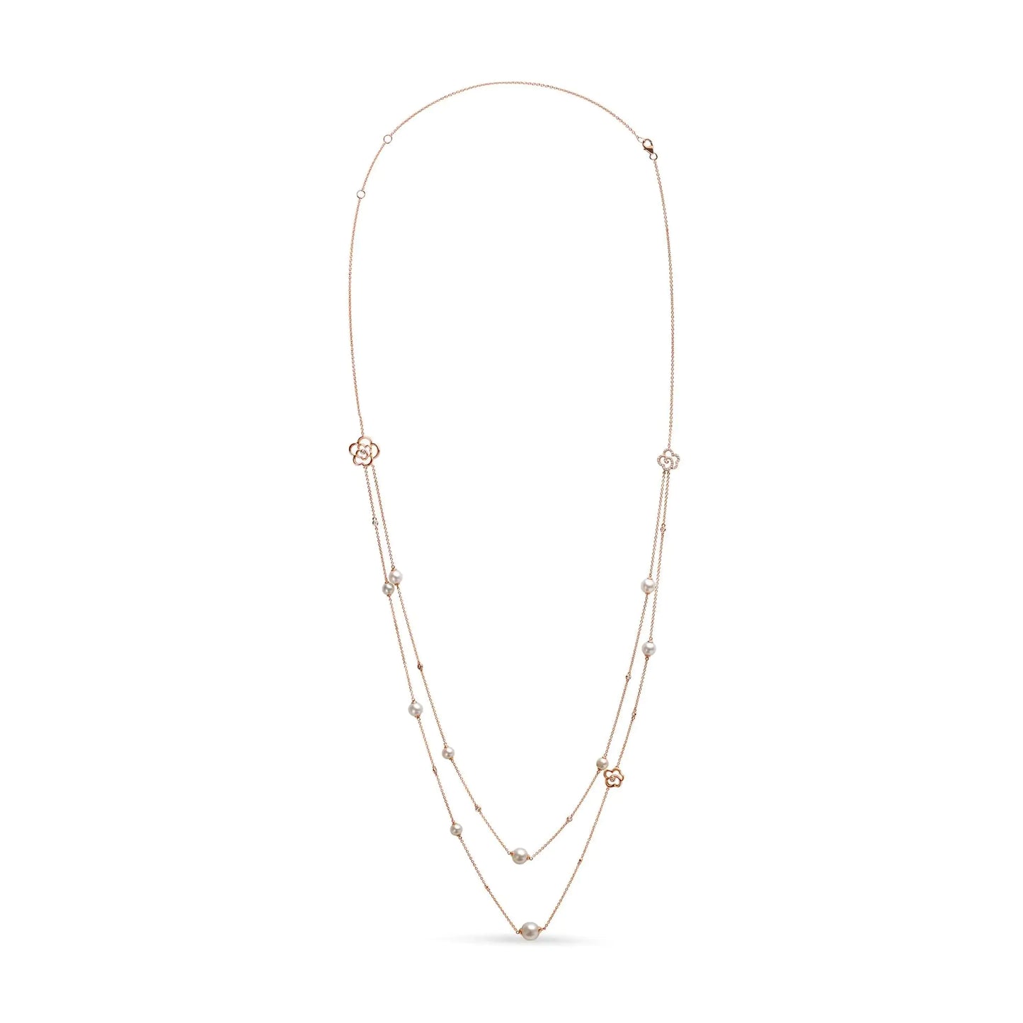 18K Rose Gold 1/2 Cttw Diamond and Freshwater Pearl Double Strand Station Necklace  (G-H Color, SI1-SI2 Clarity) - Adjustable up to 16" to 20"