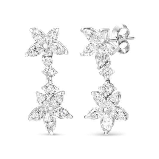 18k White Gold 6.0 Cttw Marquise Diamond Floral Dangle Drop Earrings (E-F Color, VS1-VS2 Clarity)