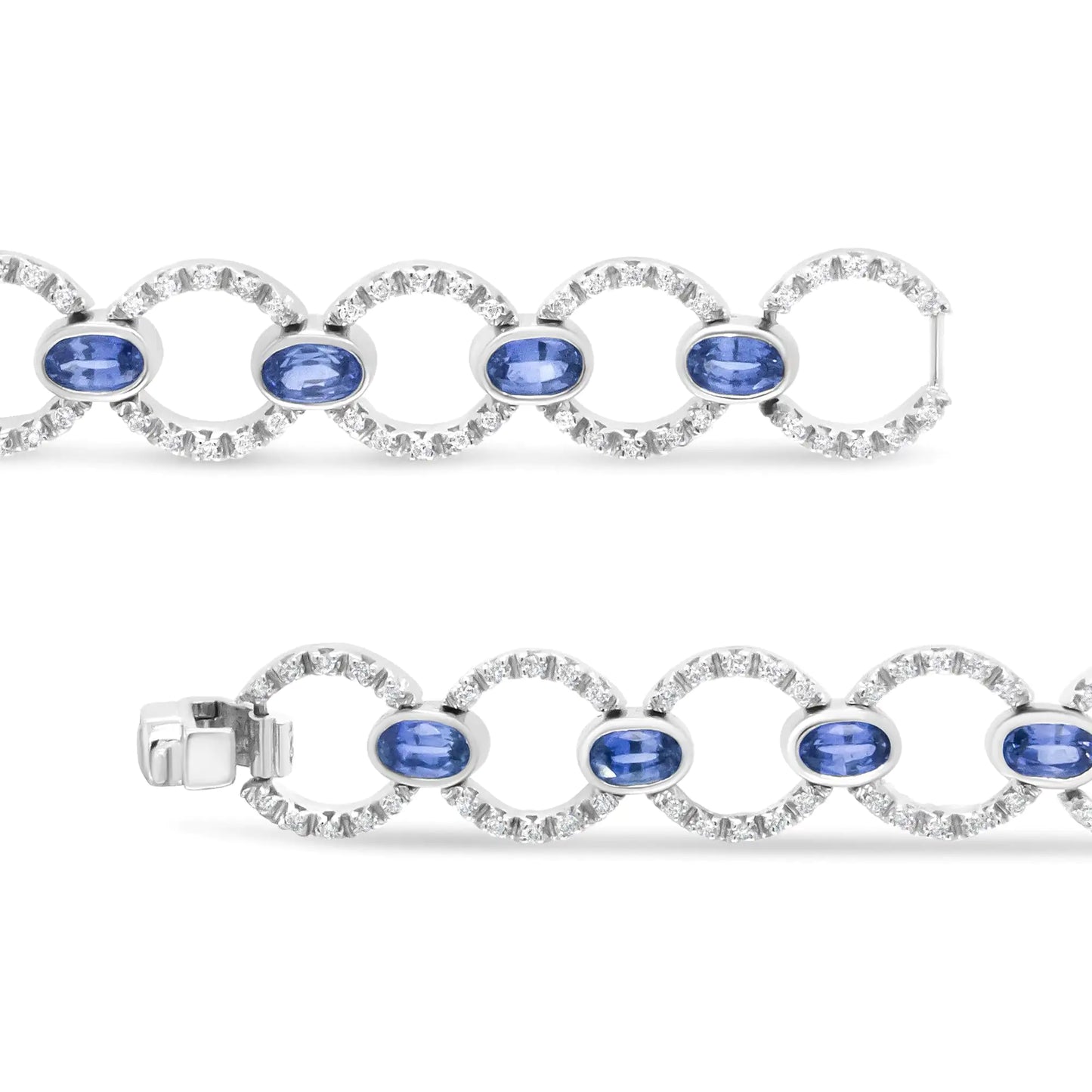 18K White Gold 6 Cttw Diamond and 5x3mm Oval Blue Sapphire Openwork Circle Link Bracelet (F-G Color, SI1-SI2 Clarity) - Size 7"