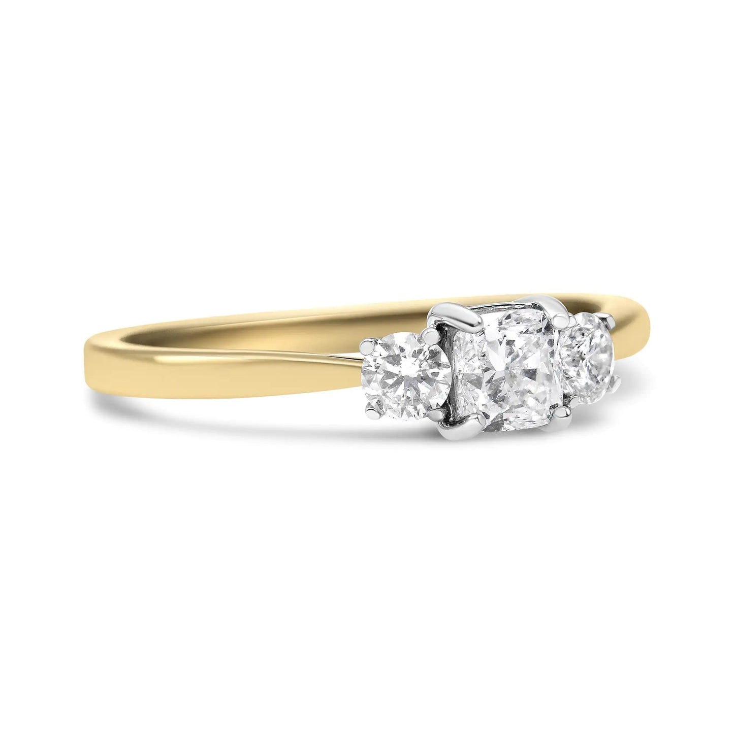 14K Yellow Gold 3/4 Cttw Cushion and Round-Cut Diamond Bostonian Style 3 Stone Engagement Ring (I-J Color, SI2-I1 Clarity)