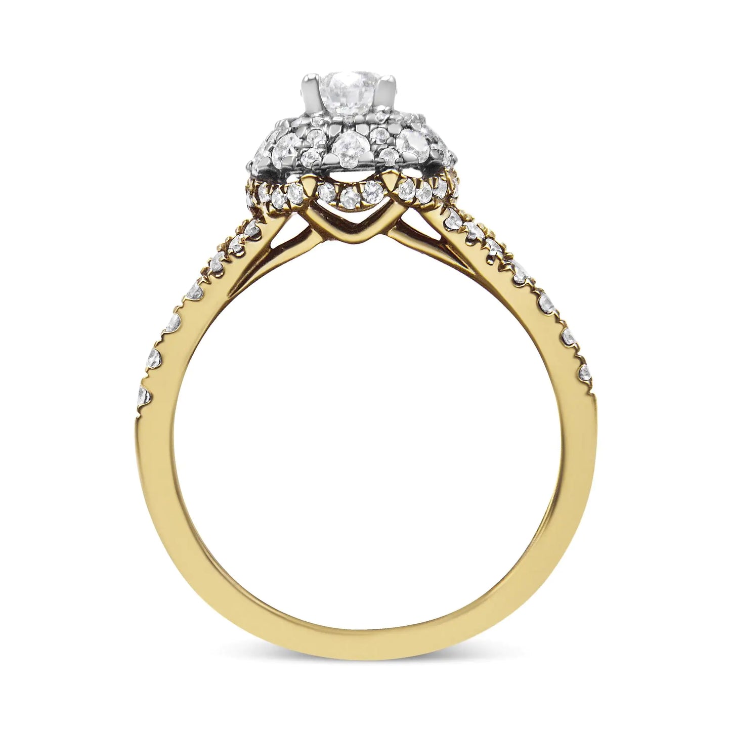 14K Yellow and White Gold 1.00 Cttw Split Shank Halo Floral Diamond Engagement Ring ( I-J Color, I1-I2 Clarity)