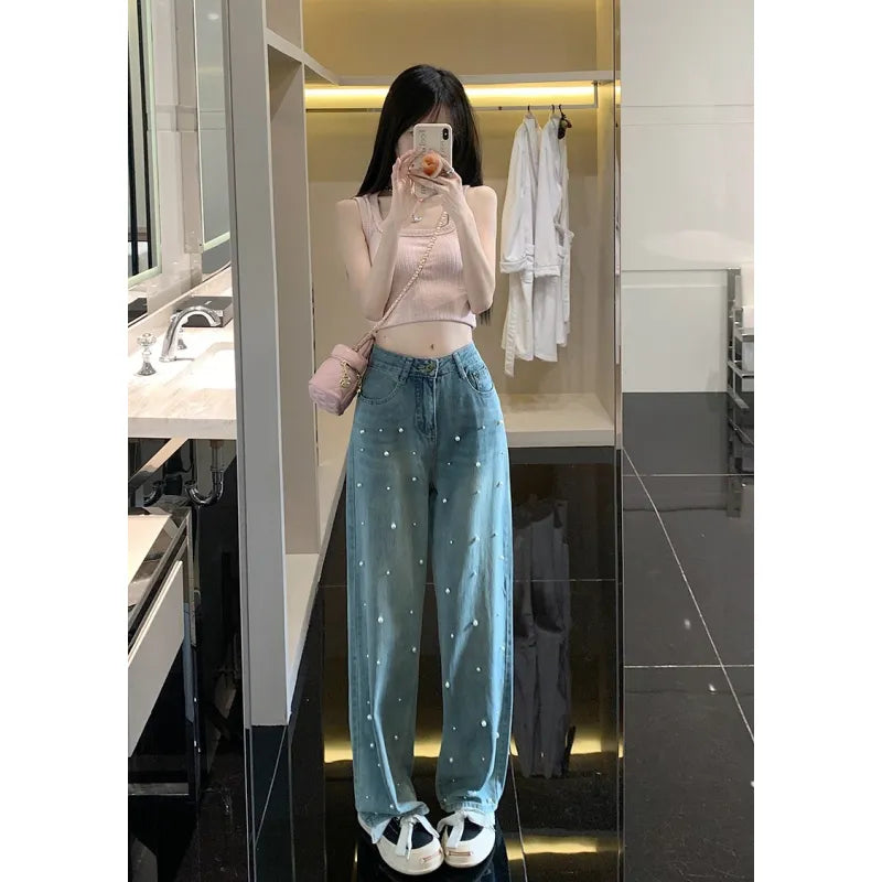 Pearl Straight Jeans High Waist Slim-fit Wide-leg Pants Women