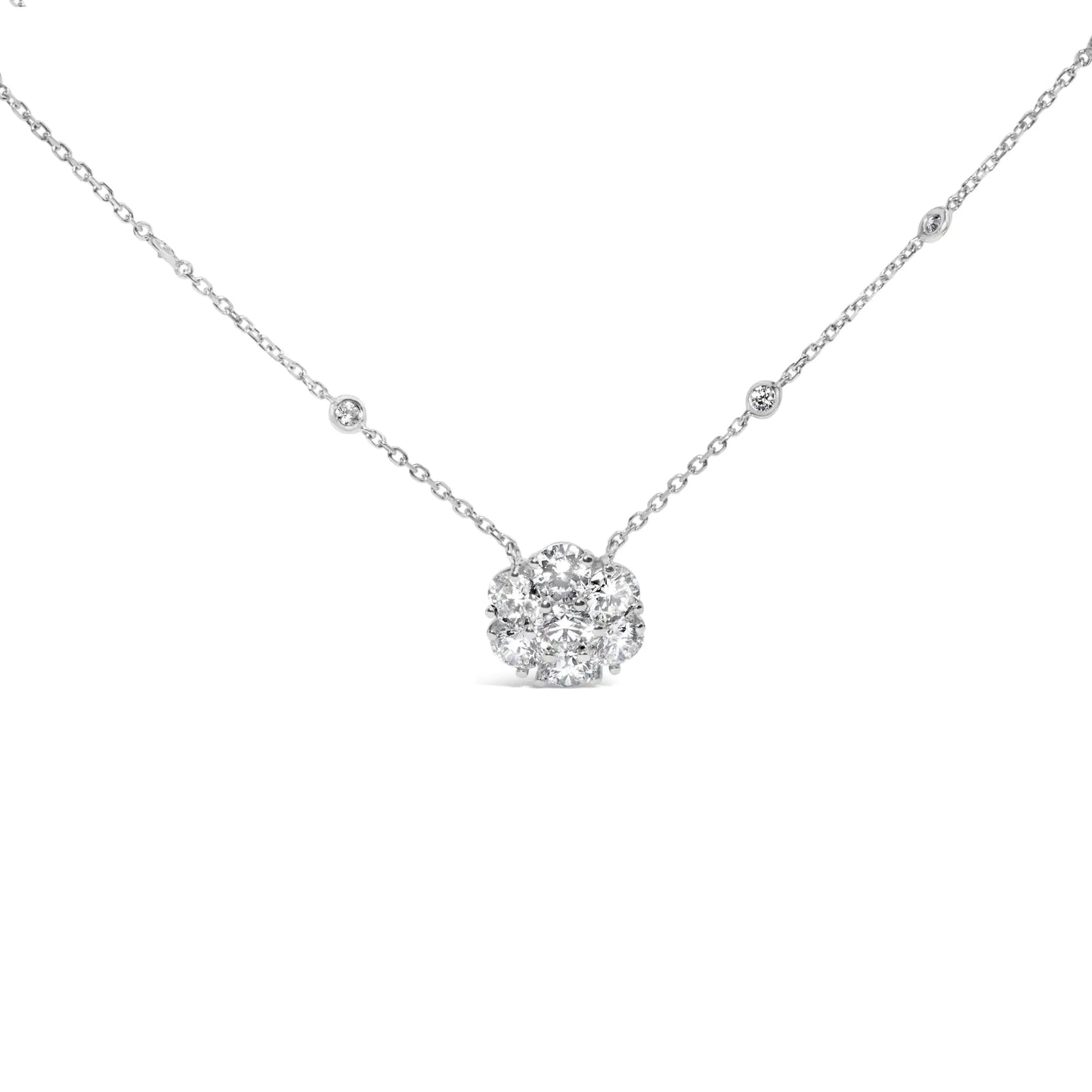 14K White Gold 3.0 Cttw Lab Grown Diamond Floral Cluster and Station 18" Pendant Necklace (G-H Color, VS2-SI1 Clarity)