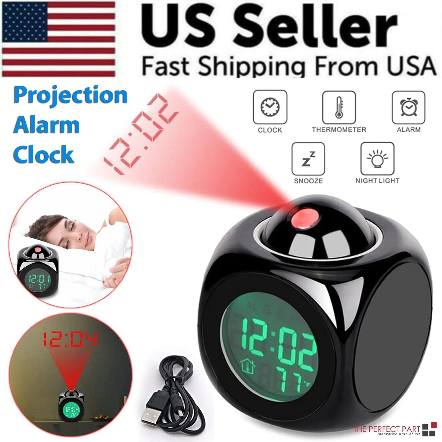 LED Projection Alarm Clock Digital LCD Display Voice Talking Weather Snooze USB