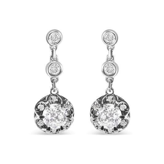 14k White Gold 5/8 Cttw Diamond Halo Drop and Dangle Earrings Stud with Bale (I-J Color, I1-I2 Clarity)