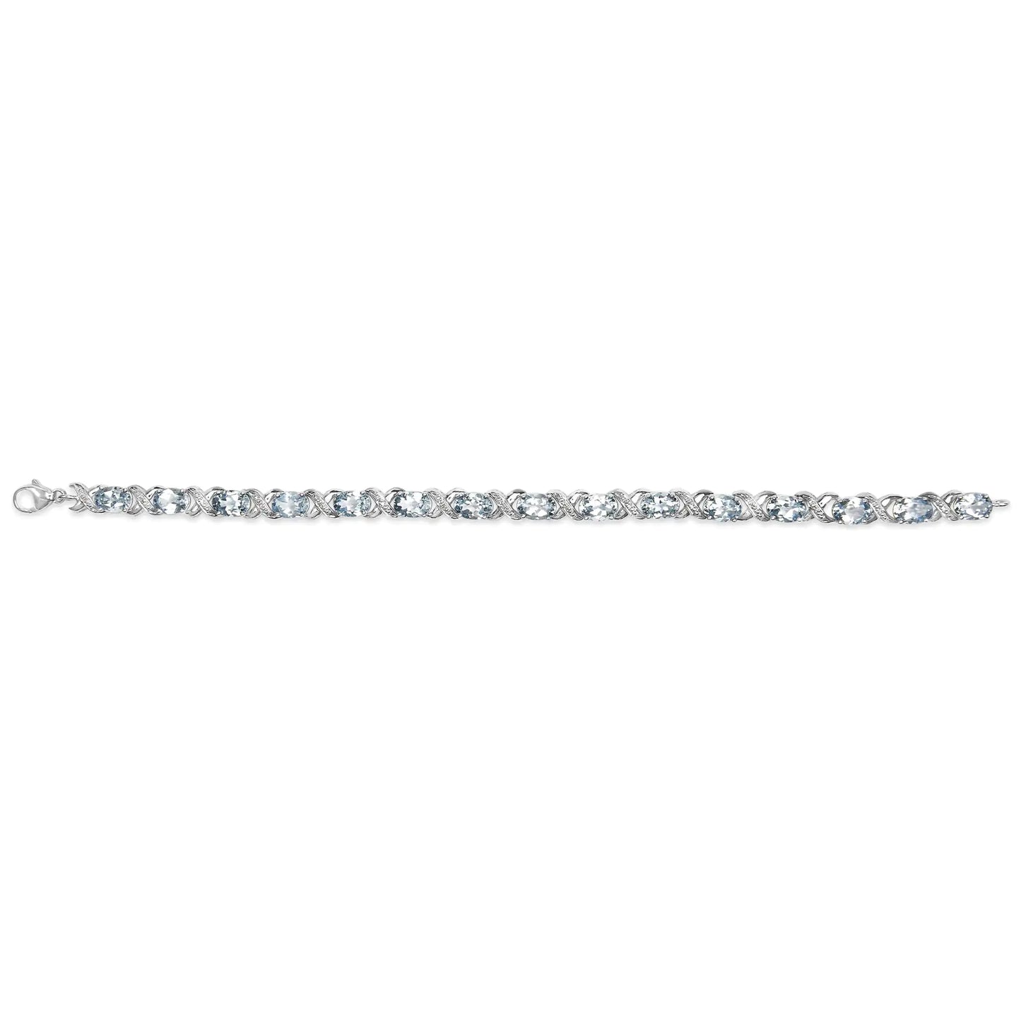 .925 Sterling Silver 16.0 Cttw Oval Blue Topaz and Diamond Accent Tennis X Link Bracelet (I-J Color, I1-I2 Clarity) - Size 7" Inch